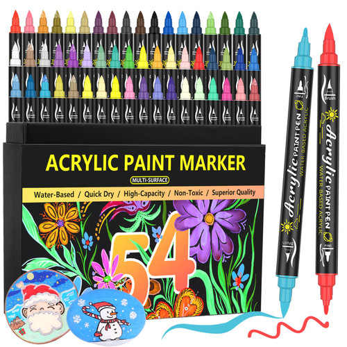 EscriWise 54-Color Acrylic Paint Pens - Dual Tip Paint Markers With Fine & Brush Tips, Premium for Stone, Canvas, Rock Painting, DIY Craft Art Supplies, Glass