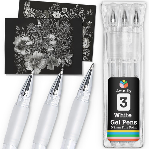 Art-n-Fly White Gel Pens For Black Paper | White Ink Pen for Artists 0.7mm Fine Point Tip | 3 Pack Jelly Roll Highlighter Pen For Drawing & Sketching 3 pack | Gelly Pens To Write on Black Paper