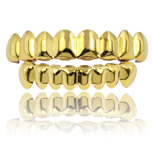 JINAO Grillz Teeth Men - Grills for Your Teeth 8 Top & Bottom Set, 18K Gold-Plated Brass Dental Grills with Molding Bars, Unisex Hip-Hop Rapper Costume Accessory(Golden Set)