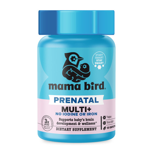 Mama Bird - Prenatal Multi+ No Iodine or Iron (30 Servings) Prenatal Vitamins for Women - 30+ Essential Nutrients, Baby Brain Health - L-Methylfolate & Probiotics - Vegan, Gluten Free, Non GMO