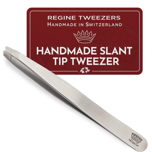 Regine Switzerland Professional Tweezers Slant Tip - Etched Tip Brow and Eyebrow Tool for Men and Women - Precision Tweezers for Fine Hair, Chin, Lash Extensions - Stainless Steel Handmade Beauty Tool