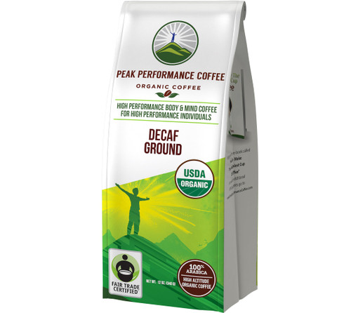 Peak Performance High Altitude Organic Decaf Coffee. Fair Trade, Low Acid, Non GMO, and Beans Full Of Antioxidants. Medium Roast Smooth Tasting USDA Certified Organic Decaffeinated Ground Coffee Bag