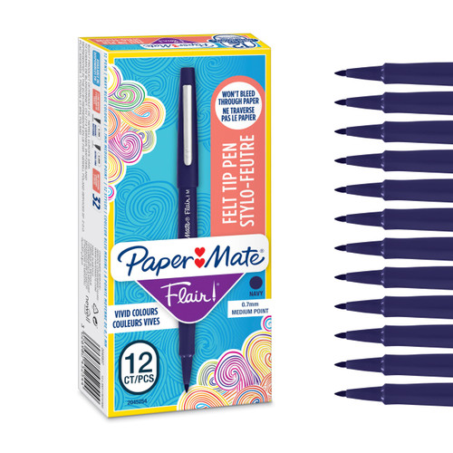 Paper Mate Flair Felt Tip Pens | Medium Point (0.7mm) | Navy Blue | 12 Count