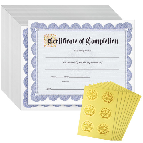Certificate of Completion Paper Sheets - 8.5 x 11 in, Blue Floral Border & Gold Foil Seals, 48 Count - Award Certificate Paper for Printing & Student Recognition