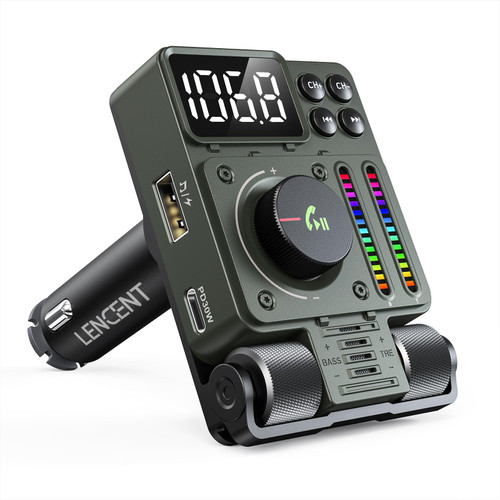 LENCENT FM Bluetooth 5.3 Transmitter for Car, Adjustable Treble and Bass Sound Music Player, Bluetooth Car Adapter for Hands Free Calls, Supports PD30W Fast Charging, U Disk, Siri Google Assistant