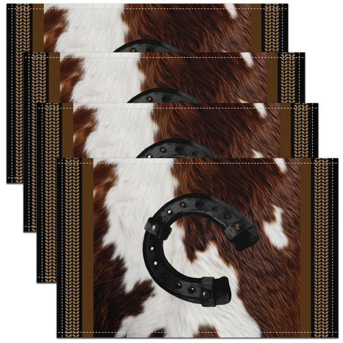 Western Horseshoe Table Place Mats Set of 4 Cow Fur Placemats Dining Table Children Bed Wild West Cowboy Table Mats Kitchen Decor Dinner Rodeo Cowboy Style Brown jejeloiu Placemats 18"x12"