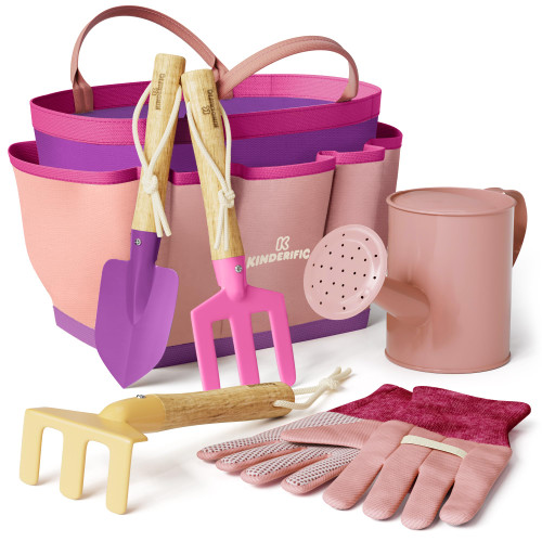 Kinderific Gardening Set, Tool Kit, for Kids, STEM, Includes Tote Bag, Spade, Watering Can, Rake, Fork, Trowel and Gloves (Princess Pink)