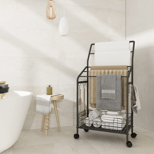 Freestanding Towel Rack Stand for Bathroom,5 Tier Movable Blanket Ladder Holder for living room,Metal Towel Drying and Display Rack with 4 Hooks,Pool Towel Rack Outdoor with 360° Lockable Wheels,Black