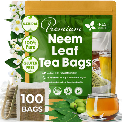 FreshDrinkUS, Premium 100 Neem Leaf Tea Bags, 100% Natural and Pure from Neem Leaves. Herbal Tea. No Sugar, No Caffeine, No Gluten, Vegan.