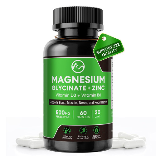 Magnesium Glycinate Capsules, Magnesium Glycinate Supplement with Zinc, Vitamin D3 & B6 - Promotes Nerve, Bowel, Relaxation Function - 60 Vegan Capsules