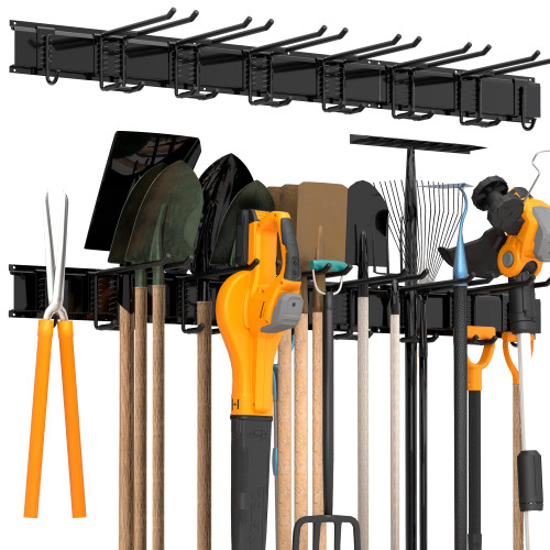 Storaboks Heavy Duty Garage Storage Rack System, Wall Mounted Tool Organizer with 8 Double Hooks, 3 Rails, Garden Yard Tools Hanger for Ski Gears, Broom, Rake, Shovel