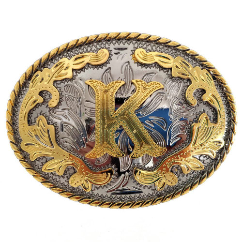Western Belt Buckle Initial Letters ABCDMRJ to Z Cowboy Rodeo Small Gold Belt Buckles for Men Women (Initial Letter K)