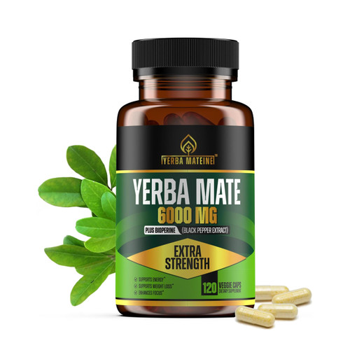 6000mg Extra Strength Yerba Mate High Potency, 60mg Caffeine Per Capsule, Extract Pills Supplements for Clean Natural Energy, Improved Focus, Concentration, Nootropics, Made in USA - 120 Caps