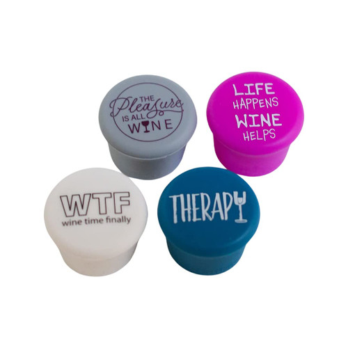 CapaBunga Silicone Wine Stoppers for Wine Bottles - 4 Pack Funny Wine Stoppers - Airtight Wine Saver Wine Bottle Caps - Wine Accessories for Wine Lovers - Life, Therapy, Pleasure, WTF