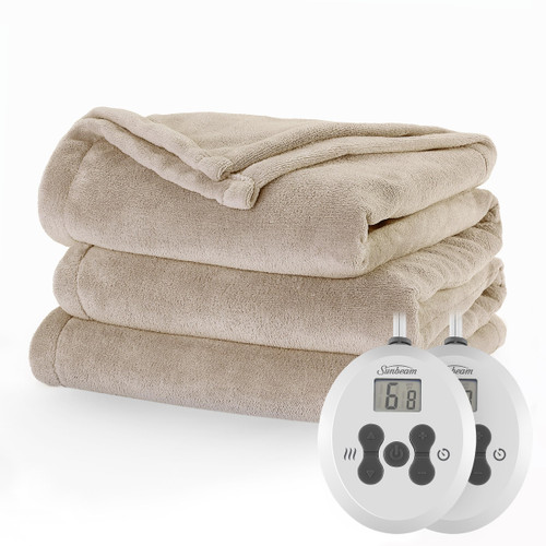 Sunbeam Electric Royal Luxe Microplush Heated Blanket 12 Heat Settings, 12-Hour Selectable Auto Shut-Off, Fast Heating, Warm and Cozy, Sandstone Color, Queen, 90" x 84"