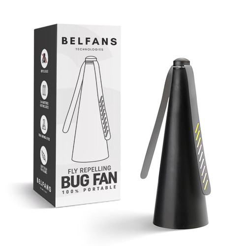 Belfans FlyRepellent Fan for Tables – USB Powered/AA Battery Powered, Soundless Fly Swatter with Holographic Blades – Portable Fly Fan for Bees, Wasps & Outdoor Use (1, Black)