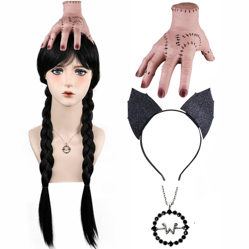 AKZKQKER Women Wednesday Addams Wigs with Thing Hand Necklace and Headband Long Black Braided Wigs with Bangs for Halloween
