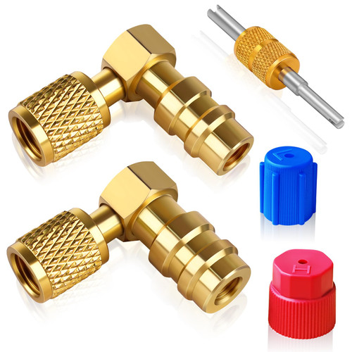 FANOVO 90° R12 to R134a Adapter, High & Low Pressure R12 to R134a Conversion kit, R12 to R134a Quick Coupler Valve, 90 degree Brass R12 Retrofit Convertor AC Fitting with Dust Cap & Valve Core Remover
