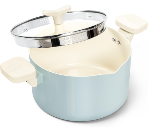 MICHELANGELO Pasta Pot with Strainer Lid - 6 Quart Cooking Pot with Lid, Non Stick Spaghetti Pot Ceramic Coated with Twist and Lock Handles for Easy Draining, Induction Compatible, Soft Aqua MICHELANGELO Pasta Pot with Strainer Lid - 6 Quart Cooking Pot with Lid, Non Stick Spaghetti Pot Ceramic Coated with Twist and Lock Handles for Easy Draining, Induction Compatible, Soft Aqua