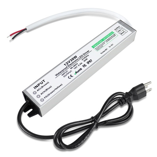 LED Power Supply 12V 30W, Waterproof IP67 LED Driver, LED Transformer with 3-Prong Plug 3.3 Feet Cable for LED Light, Computer Project, Outdoor Light, 2.5Amp