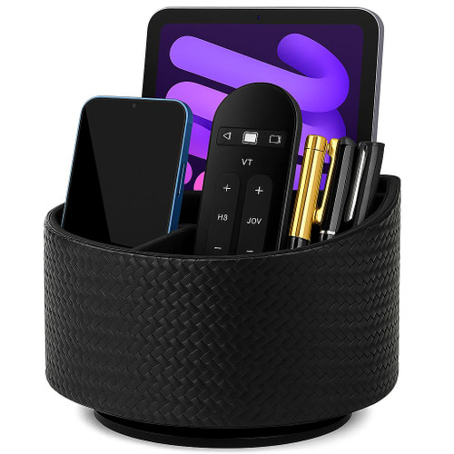 Remote Control Holder 360° Spinning Controller Holder TV Remote Caddy End Table Organizer Storage Bedside Nightstand Couch Caddy of Couch for Call Phone PU Leather Side Table Organizer