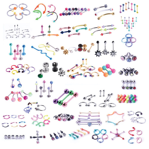 BodyJ4You 120PC Body Piercing Random Jewelry Kit - CBR BCR Rings Barbells Studs Screws Curved Bars - Belly Button Cartilage Tragus Nose Septum Tongue - 14G 16G 18G Steel Bulk Mix