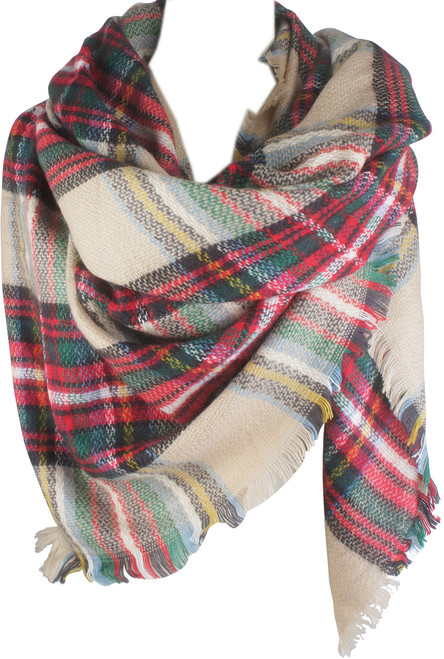 VIVIAN & VINCENT Women's Fall Winter Scarf Classic Tassel Plaid Tartan Scarf Warm Soft Chunky Large Blanket Wrap Shawl Scarves Christmas Red Green Beige