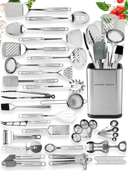 Home Hero 54-Piece Stainless Steel Kitchen Utensils Set - Heat-Resistant Nonstick Silicone & Stainless Steel Cooking Utensils - Complete Tools with Slotted Spoon & Pasta Spoon - Pack of 54, Silver