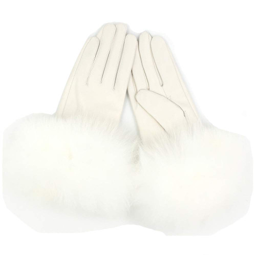 Sandy Ting Winter Women's Lambskin Leather Gloves with Fox Fur Trim Multicolor (White, Large)