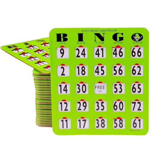 MR CHIPS Jam-Proof Easy-Read Large Print Fingertip Bingo Cards with Sliding Windows 25 Pack in Green Style