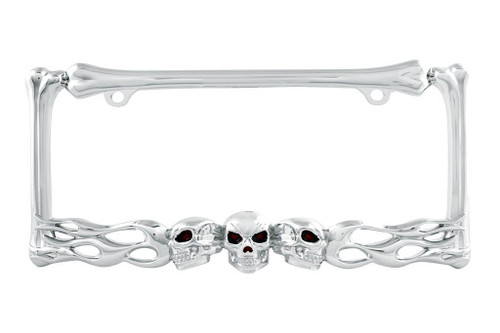 CLA Flaming Skull Metal License Plate Frame - Chrome
