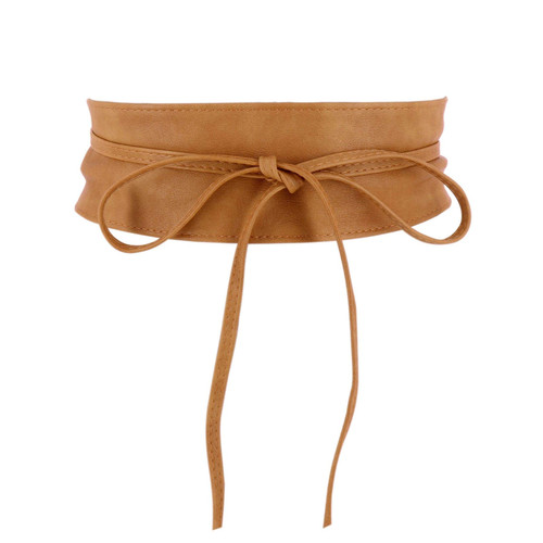 FASHIONGEN Obi Belt for Women – Wide Waist Belt in Faux Leather, MICA - Light Camel, Small/Medium