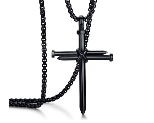 Rehoboth Men's Stainless Steel Nail Cross Pendant Necklace for Womens Mens With 24 Inch Chain Polished Black