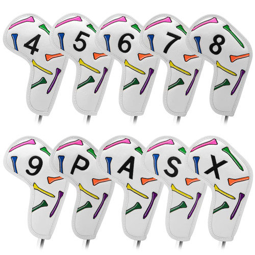 Golf Iron Head Covers 9/10pcs Leather Golf Club Covers for Iron with Magic Tape Fit Most Brand(Colorful Tee/10pcs)