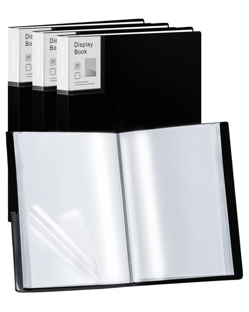 Folder with Plastic Sleeves 4 Pack 9"x12" Black Portfolio Folder for Artwork Display Book 30 Pockets 60 Pages Capacity