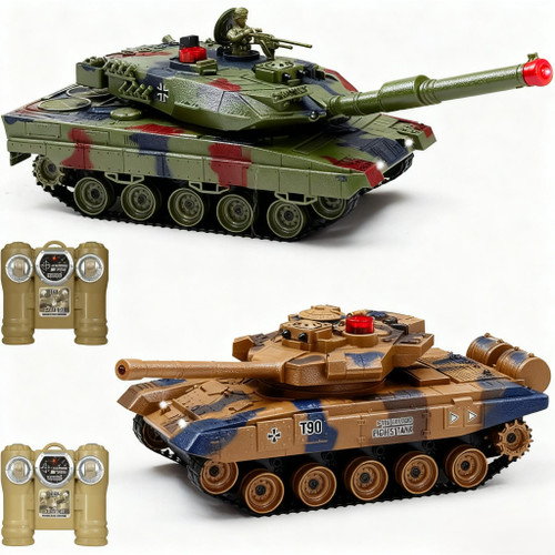 Fistone 1/24 RC Battle Tank Set - Remote Control T90 & Leopard Tanks with Realistic Sounds, Lights, Life Indicators, and Spray Effects - Military Toy for Kids & Adults