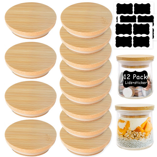 Oui Yogurt Jar Lids - 12 pack Oui Lids - Natural Bamboo Wood with Silicone Sealing Rings and Oui Yogurt Bottle Label,For 5 Oz Oui Yogurt Jars…