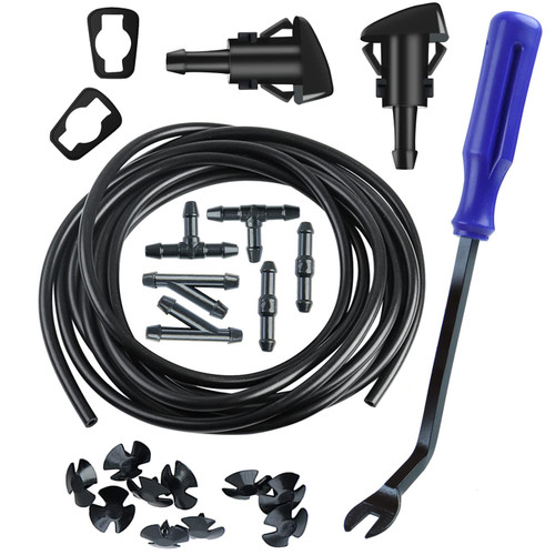 Windshield Washer Nozzles Kit Replacement for Chrysler Dodge Ram, Windshield Washer Nozzle Hose Kit with 157-Inch Windshield Fluid Hose, 2 Sprayer Nozzels with Gaskets, 6 Hose Connector BLue