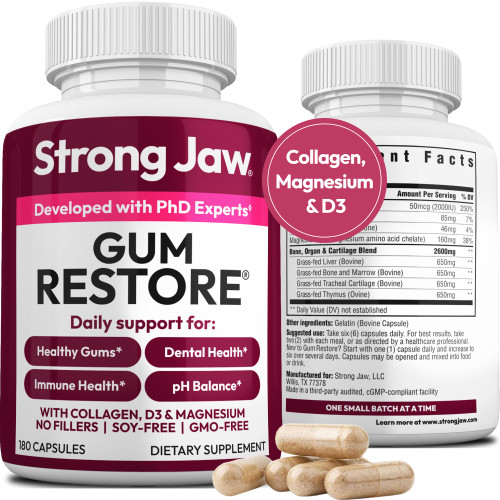 Strong Jaw Gum Restore - Gum Repair for Receding Gums | Teeth Magnesium Supplements, Oral Care, Remineralizing Dental Health Vitamins for Adults | 1 Month Supply, 180 Capsules, Made in USA