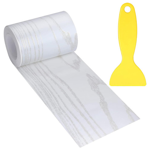 4" X33' Size Realistic Wood Grain Repair Tape, Self Adhesive Wood Grain Repair Patch for Table, Chair, Door, Windows, Floors, Furniture Renovation, Hand DIY. With Plastic Scraper. Gold Line White Wood