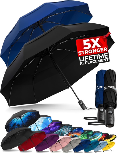 TUMELLA Strongest Windproof Travel Umbrella (Compact, Superior & Beautiful), Small Strong but Light Portable and Automatic Folding Rain Umbrella, Durable Premium Grip, Fits Car & Backpack Black Blue