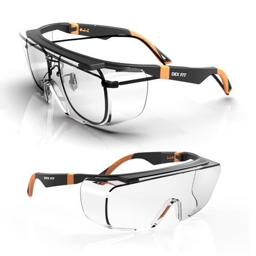 DEX FIT Safety Work Over Glasses SG210 OTG; Z87 Eye Protection for Men & Women, Fog & Scratch Resistant, Adjustable, UV Block (Black & Orange Frame, Clear Lens)