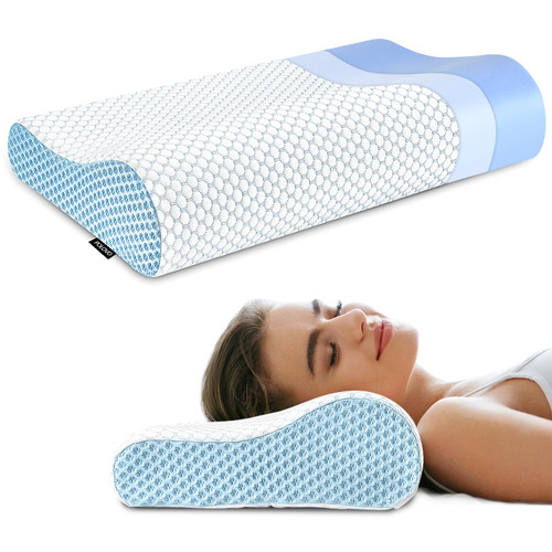 Neck Pillow Contour Memory Foam Pillows for Pain Relief Bed Pillow for Sleeping, Ergonomic Pillow for Neck and Shoulder Pain, Orthopedic Cervical Pillow for Side Back Stomach Sleeper(White&Blue)