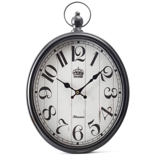 Musaoz Oval Large Wall Clock Silent Non-Ticking Metal Battery Operated Retro Antique Design Rustic Vintage Style Decor for Living Room Kitchen Farmhouse 16 inch (Black, 16inches)