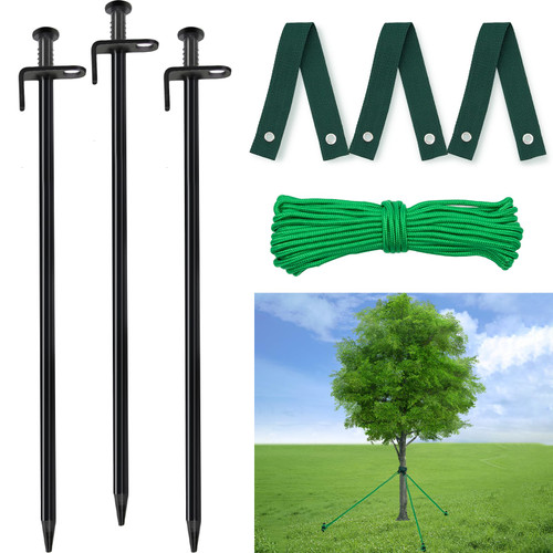 15.8" Overlength Tree Stakes, 3 Pcs Heavy Duty Tree Stakes and Supports for for Leaning Trees for Young Trees Hurricane Protection, 3 PCS 15.8" Tree Stake Kit, 3 PCS Tree Straps, 32.8 FT Rope