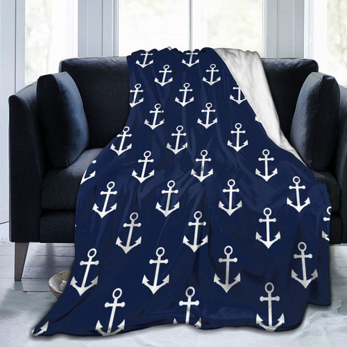 Navy Blue Nautical Anchor Pattern Flannel Fleece Throw Blankets for Bed Sofa Living Room Soft Blanket Warm Throw Blanket