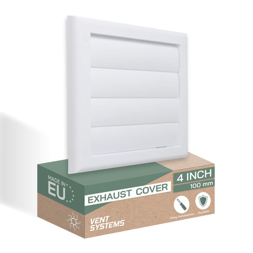 Vent Systems 4" Inch (7.5" x 7.5") Exhaust Vent Cover - White - Dryer Vent Hood - Louvered Dryer Duct Vent Cover - Vent Hood Cap - One-Directional Plastic Air Exhaust Grille