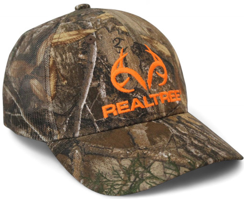 Realtree Edge Blaze Logo Camo Mesh Trucker Cap Hat Snapback Wicking Sweatband Low-Mid Profile Structured Precurved Visor Camouflage Cap Hat