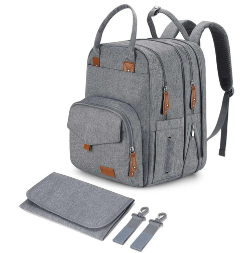 Qualyphant Extra Large Diaper Bag Backpack for Two Kids Twins - Expandable Baby Bag (26-36L), Dual Big Compartments - Includes Changing Pad & Stroller Straps, Unisex Grey