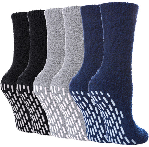 FNOVCO Non Slip Socks for Women Winter Warm Cozy Fuzzy Slipper Socks Soft Fluffy Hospital Socks with Grips (6 Pairs Black Blue Grey)